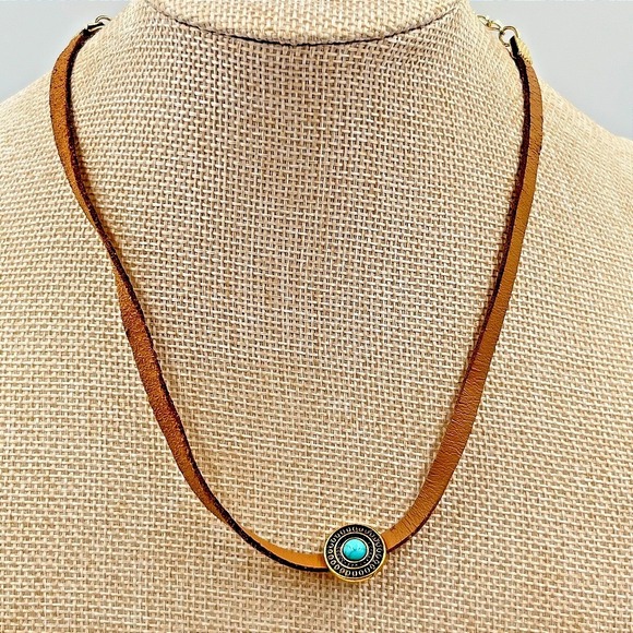 The Unbranded Brand Jewelry - Vintage Boho Brown Faux Leather Choker Necklace‎ Turquoise Stone Gold Tone 80s